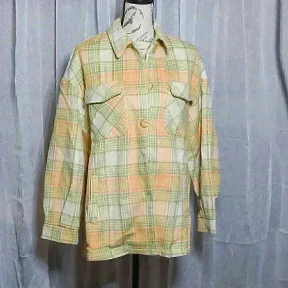 Shein Yellow/Green Plaid Shaket Size L Polyester/Wool Blend - Picture 1 of 12